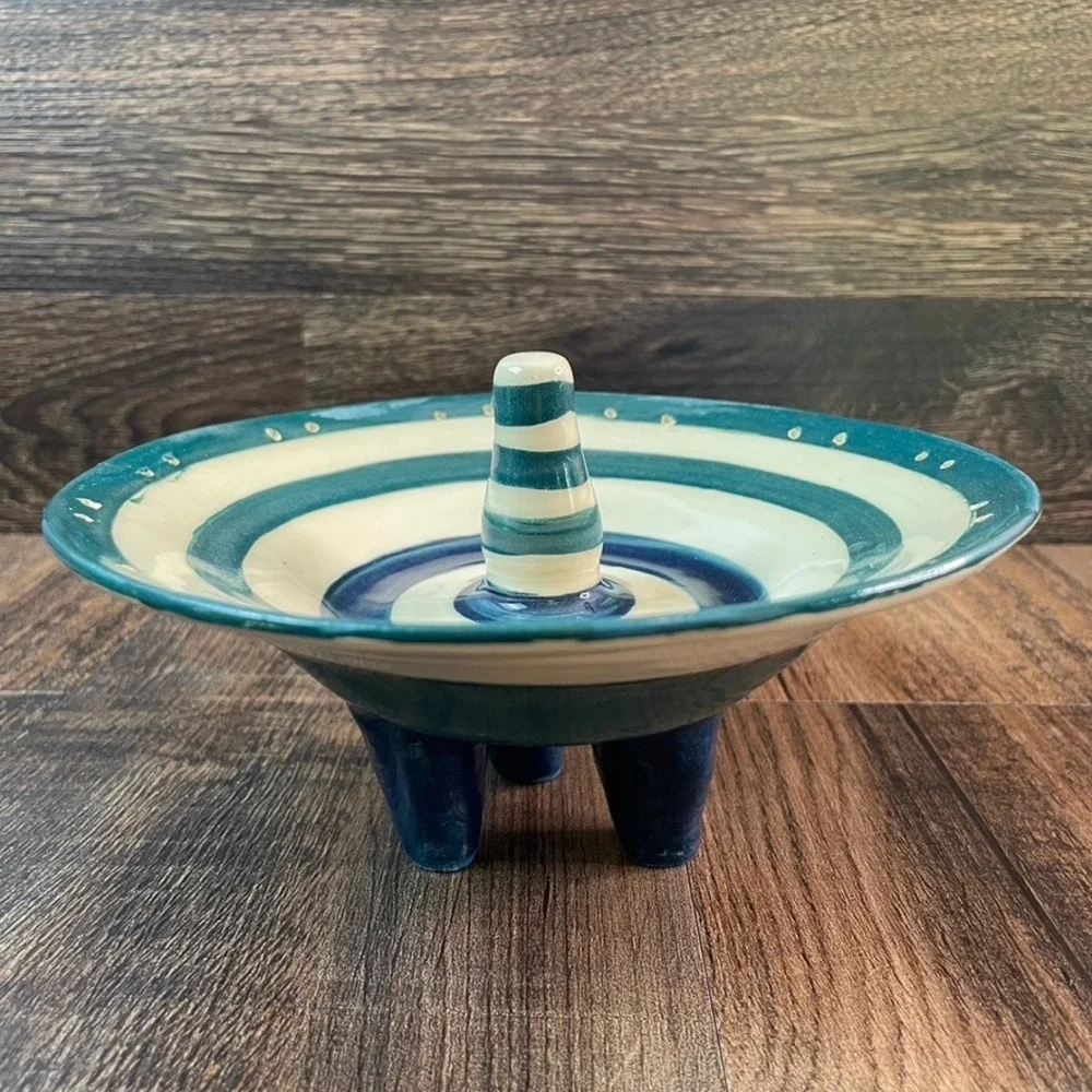 Yes Mam Studio Pottery Apple Baker Teal Navy Striped Tripod Footed Ceramic